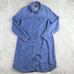 Gap Denim Shirt Dress  XS Blue Chambray Button Front Pearl Snap‎ Western Cowgirl